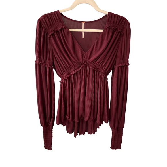Free People Burgundy Day Dreaming Babydoll Boho Ruffle Top XS Sheer Romantic - Picture 3 of 10
